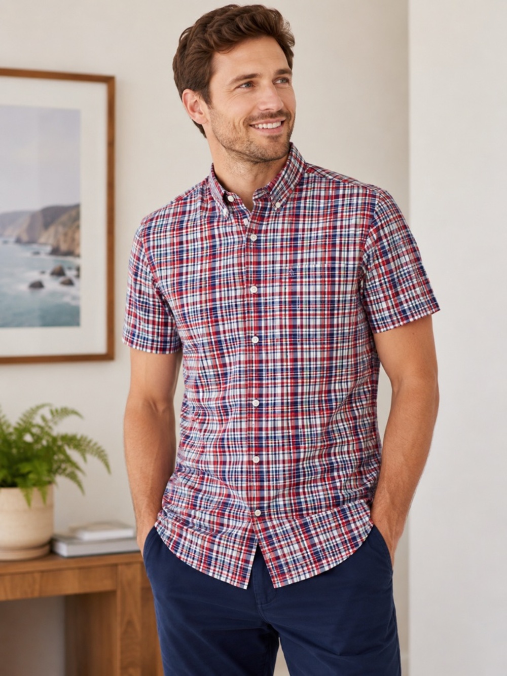 Original Penguin Plaid Button Down Shirt Men's M Red Blue Short Sleeve Casual